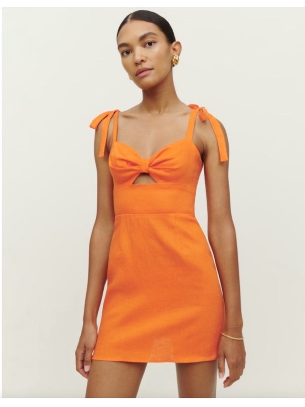 Reformation Pearson Tie-Shoulder Orange Mini Dress Linen